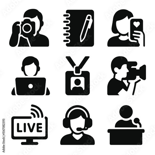 Special Guests Icon Set. Solid, Filled icon set of special guests: event photographer, journalist notebook, influencer camera,