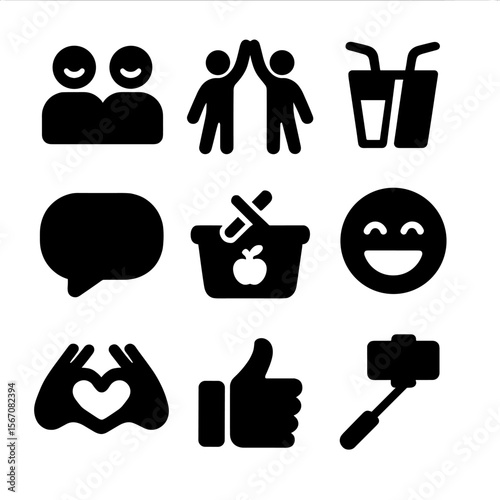 Friendship Icons Grid. Solid, filled icon set of friendship and laughter: smiling friends, high five, shared drink, selfie stick,