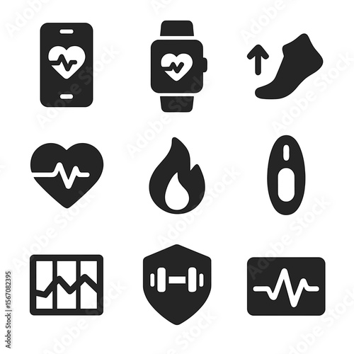 Digital Fitness Icons. Solid, filled icons set of digital fitness tracking: fitness app, smartwatch icon, step
