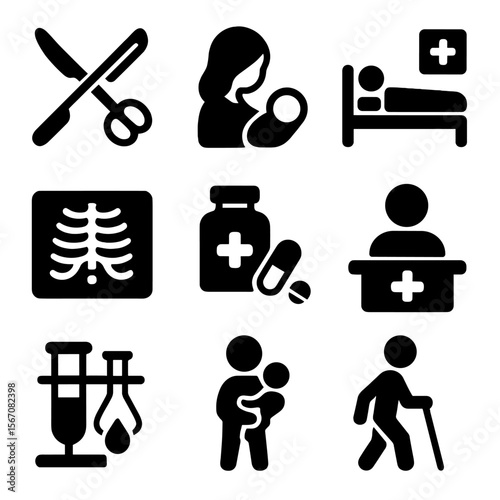 Hospital Icon Grid. Solid, filled icon set of hospital departments: surgery, maternity ward, intensive care unit, radiology,