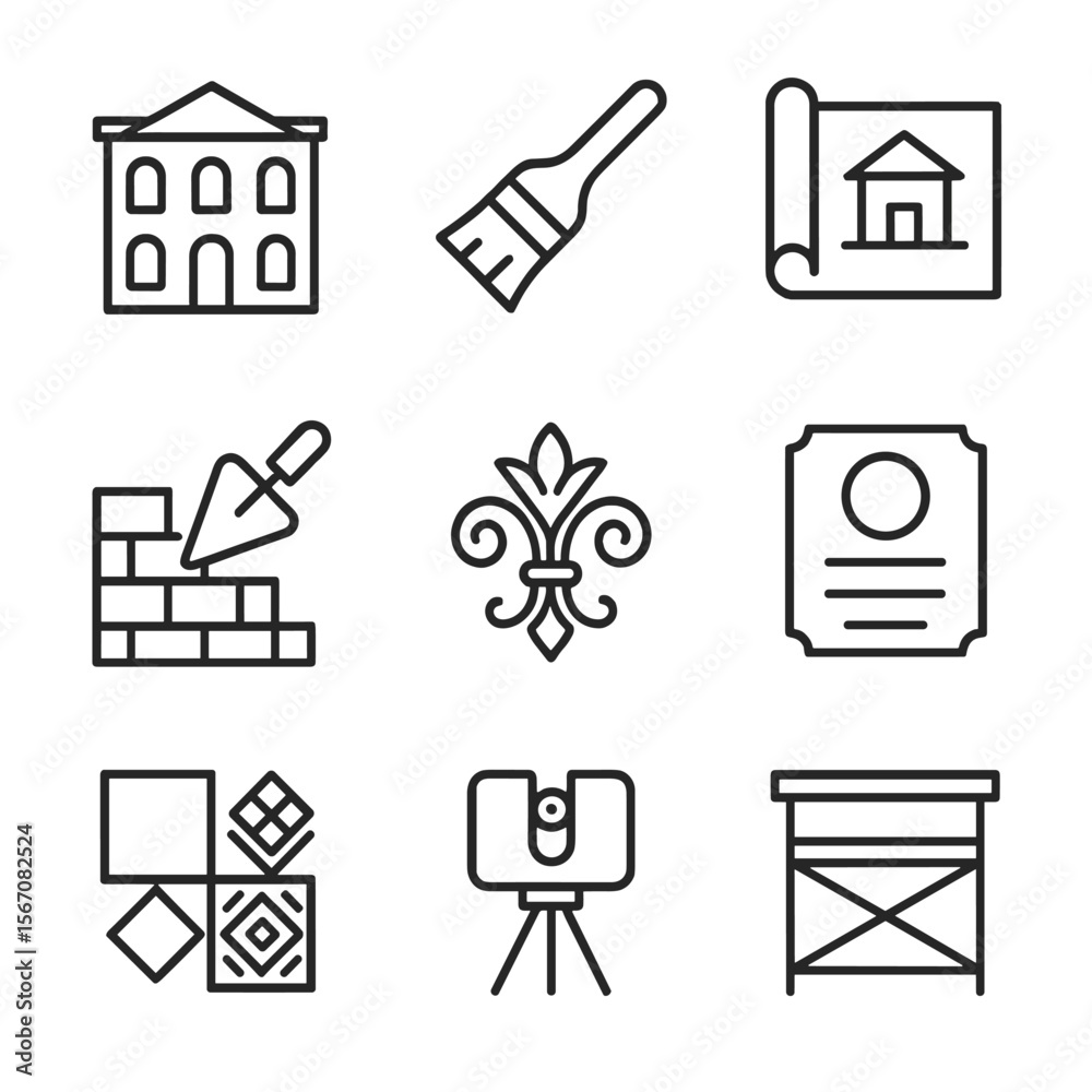Cultural Restoration Icons. Outline icon set of cultural heritage restoration: historic facade, restoration brush, archival