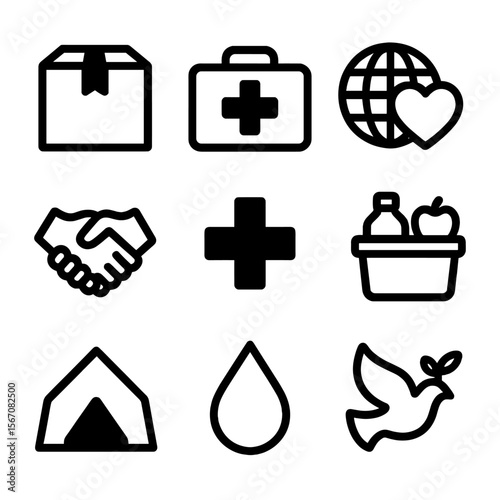 Humanitarian Icons Grid. Solid, filled icon set of The history of humanitarian efforts and aid organizations: relief package,