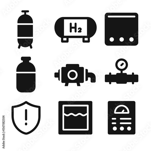 Hydrogen Energy Icons. Solid, filled icon set of hydrogen energy storage: high-pressure tank, liquid hydrogen container, metal