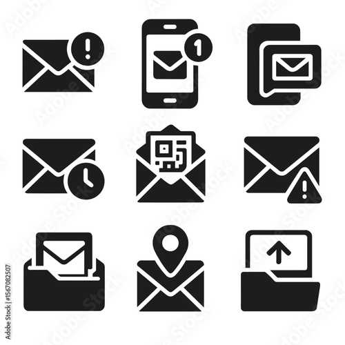 Digital Mail Icon Set. Solid, filled icons set of digital mail notifications: email alert, smartphone icon,
