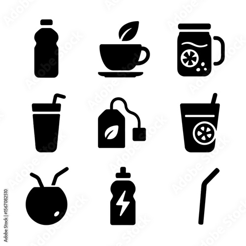 Hydration Icons Grid. Solid, filled icon set of hydration and healthy drinks: water bottle, green tea cup, infused water jar,