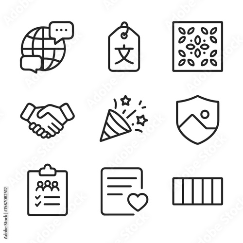Cultural Campaign Icon Set. Outline icon set of culturally sensitive campaign elements: globe with speech bubbles, localized