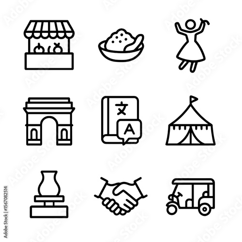 Cultural Experience Icons. Outline icon set of cultural immersion experiences: local market stall, traditional cuisine dish, folk