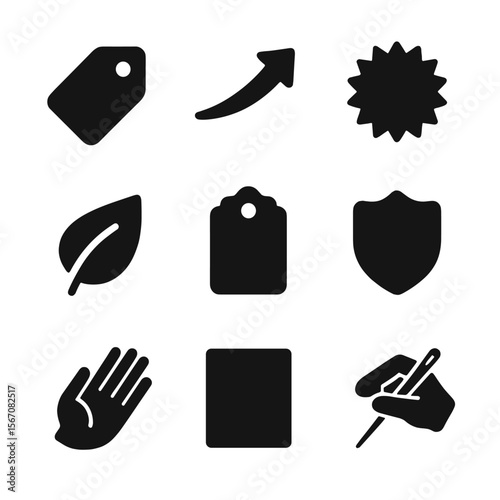 Fashion Icons Grid. Solid, filled icon set of fashion trends and labels: new arrival tag, trending icon, bestseller badge,