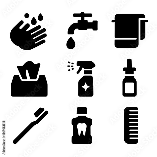 Hygiene Icon Set. Solid, filled icon set of hygiene practices: washing hands, clean water, towel, tissue paper, disinfectant spray