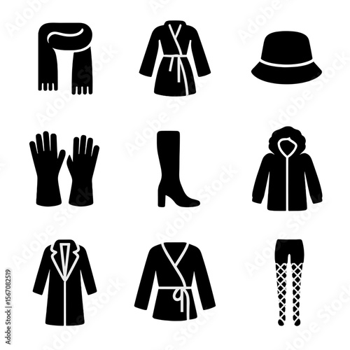 Fashion Icon Grid. Solid, filled icon set of fashion-forward cold wear: oversized scarf, cinched coat, bucket hat, statement