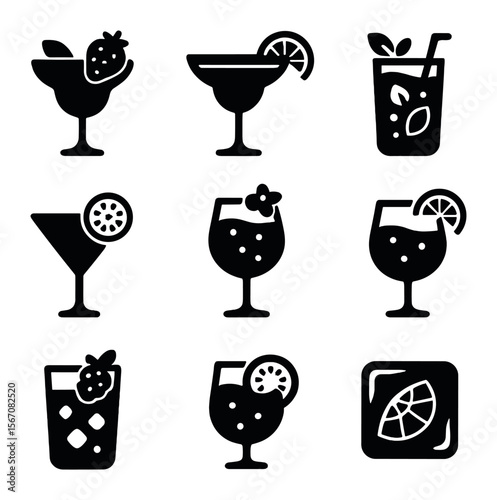Fruity Cocktail Icons. Solid, filled icons set of fruity cocktails: strawberry daiquiri, orange margarita,