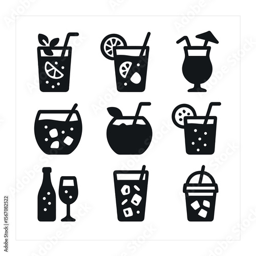 Mocktail Icon Grid. Solid, filled icons set of mocktails and non-alcoholic drinks: virgin mojito, lemonade,