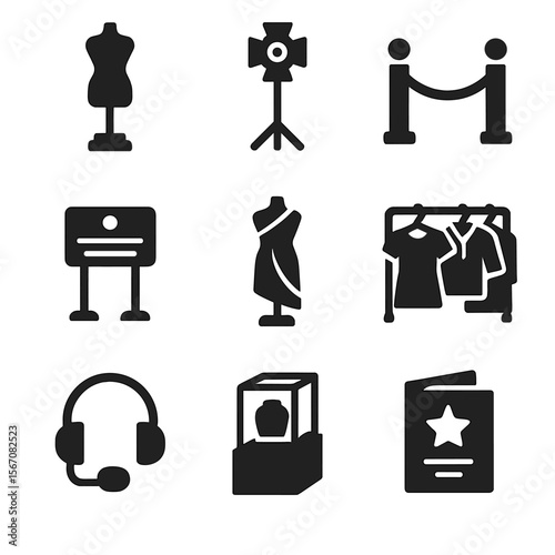 Fashion Icon Grid. Solid, filled icon set of fashion exhibitions: fashion statue, spotlight stand, velvet rope, museum plaque,
