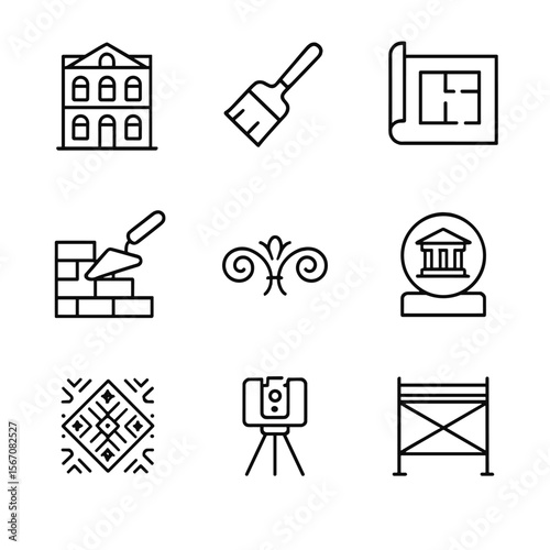 Cultural Restoration Icons. Outline icon set of cultural heritage restoration: historic facade, restoration brush, archival