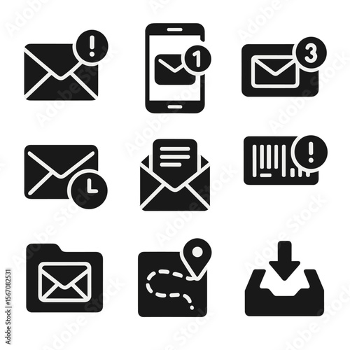 Digital Mail Icon Set. Solid, filled icons set of digital mail notifications: email alert, smartphone icon,