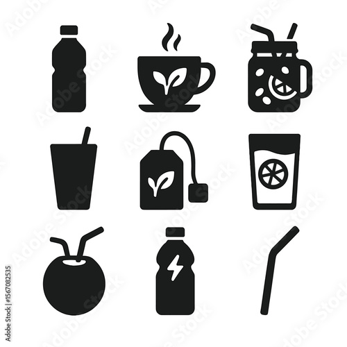 Hydration Icons Grid. Solid, filled icon set of hydration and healthy drinks: water bottle, green tea cup, infused water jar,