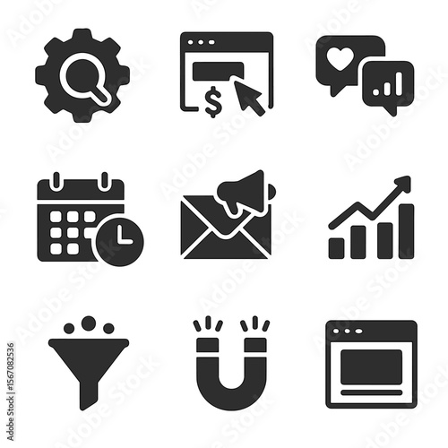 Digital Marketing Icons. Solid, filled icons set of digital marketing transformation: SEO gear, paid ads icon,