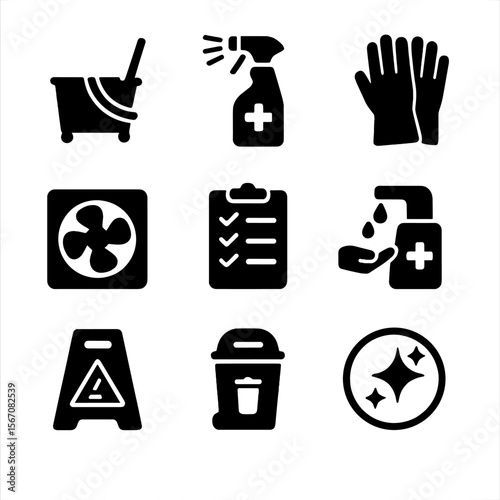 Hygiene and Sustainability Icons. Solid, filled icon set of locker room maintenance and hygiene: mop bucket, disinfectant spray,