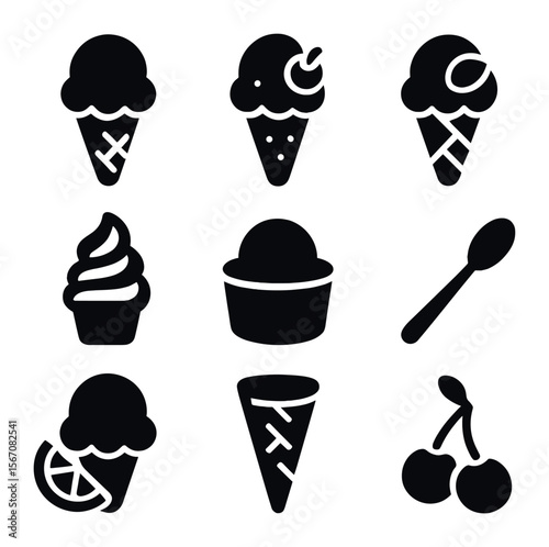 Gelato Flavors Icons. Solid, filled icons set of gelato varieties: chocolate gelato, strawberry gelato,