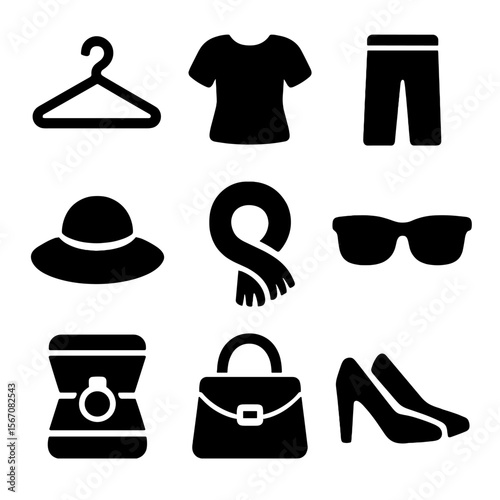 Fashion Icons Grid. Solid, filled icon set of outfit selection: hanger, blouse, pants, hat, scarf, sunglasses, jewelry box,