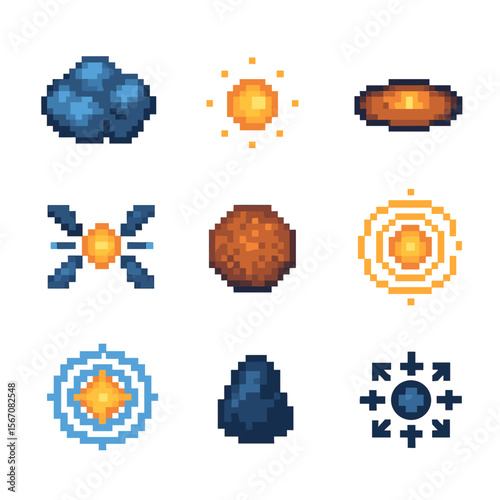 Star Formation Icon Set. Pixel art icon set of star formation stages: molecular cloud, protostar, accretion disk, bipolar jets,