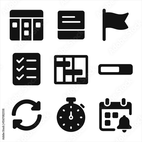 Digital Management Icons. Solid, filled icons set of digital project management: Kanban board, task card,