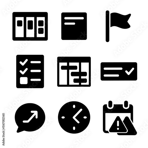 Digital Management Icons. Solid, filled icons set of digital project management: Kanban board, task card,