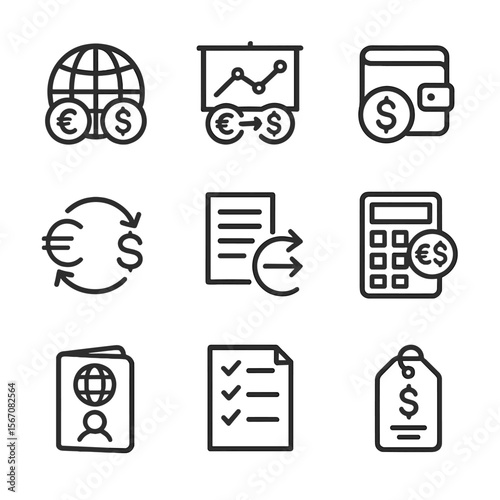 Currency Exchange Icons. Outline icon set of cross-border and currency exchange: globe with currency symbols, exchange rate chart,