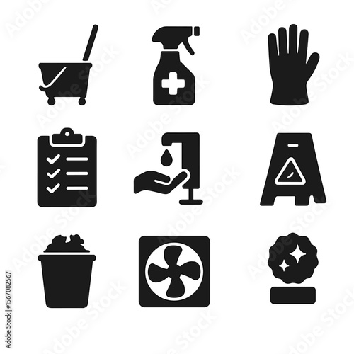 Hygiene and Sustainability Icons. Solid, filled icon set of locker room maintenance and hygiene: mop bucket, disinfectant spray,