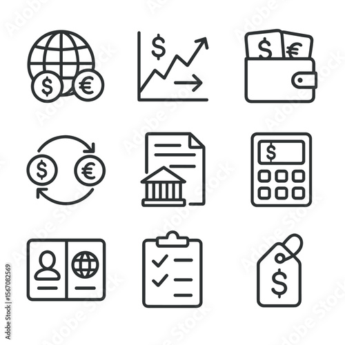 Currency Exchange Icons. Outline icon set of cross-border and currency exchange: globe with currency symbols, exchange rate chart,