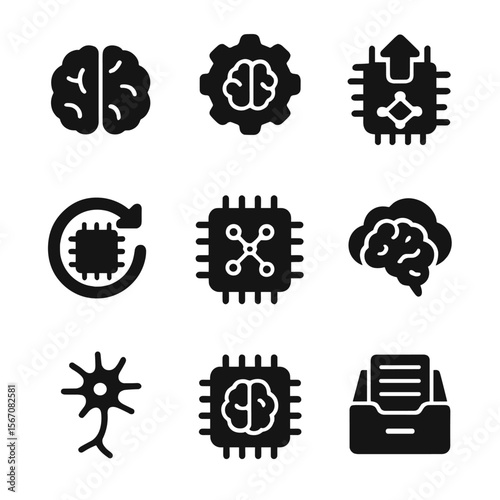 Digital Memory Icons. Solid, filled icons set of digital memory simulation: artificial brain, machine learning