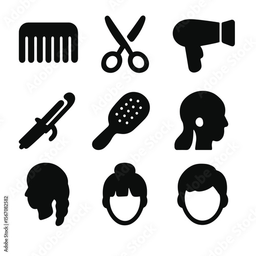 Fashion Hairstyle Icons. Solid, filled icon set of fashion hairstyles: comb, scissors, hairdryer, curling iron, hairbrush,