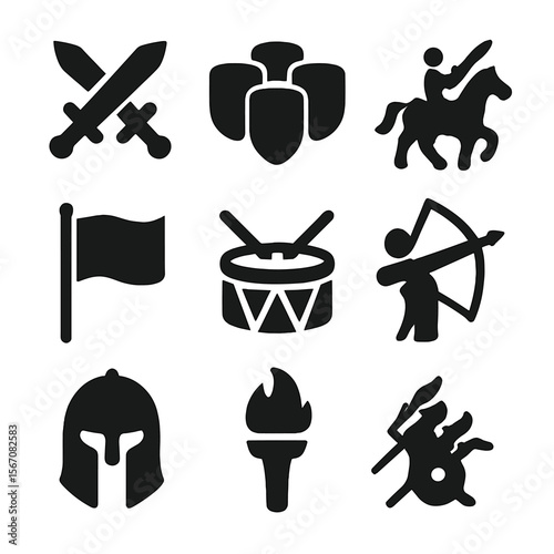 Iconic Battle Scenes. Solid, filled icon set of conquest battle scenes: swords clashing, shield wall, horse rider, siege tower,