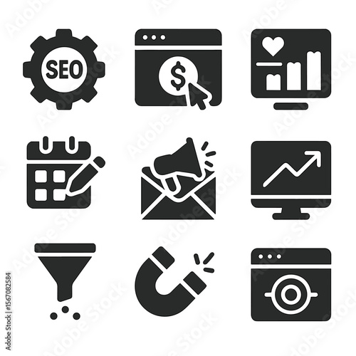 Digital Marketing Icons. Solid, filled icons set of digital marketing transformation: SEO gear, paid ads icon,