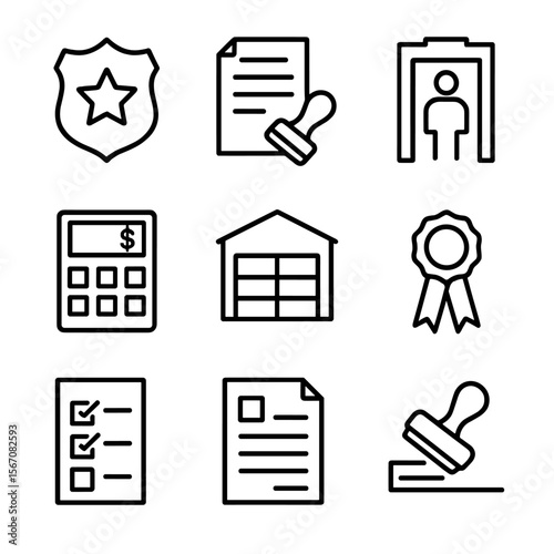 Customs Clearance Icons. Outline icon set of customs clearance processes: customs officer badge, stamped document, inspection