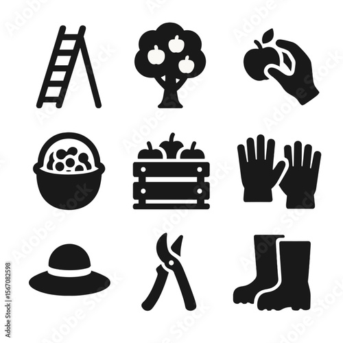 Fruit Picking Icons. Solid, filled icon set of fruit picking activities: ladder, orchard tree, hand picking apple, basket of
