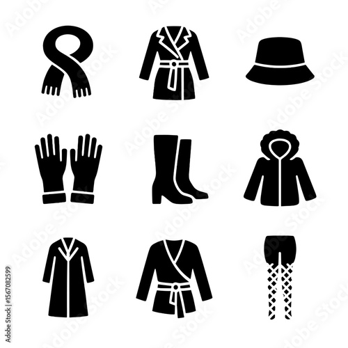 Fashion Icon Grid. Solid, filled icon set of fashion-forward cold wear: oversized scarf, cinched coat, bucket hat, statement