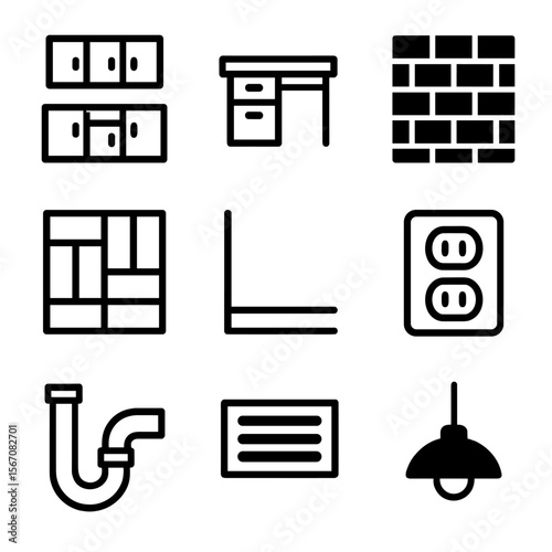 Furniture Icon Set. Solid, filled icon set of furniture and room elements near appliances: kitchen cabinets, countertops, flooring