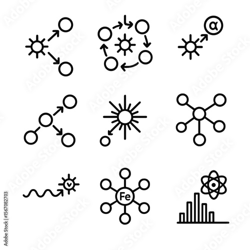 Stellar Processes Icons. Outline icon set of stellar nucleosynthesis processes: proton-proton chain, CNO cycle, alpha capture,
