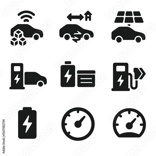 Future EV Charging Icons. Solid, filled icon set of future EV charging technology: wireless blockchain payment, vehicle-to-grid,