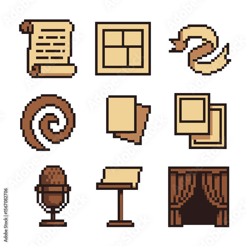 Storytelling Device Icons. Pixel art icon set of theatrical storytelling devices: scroll script, storyboard panel, narrative