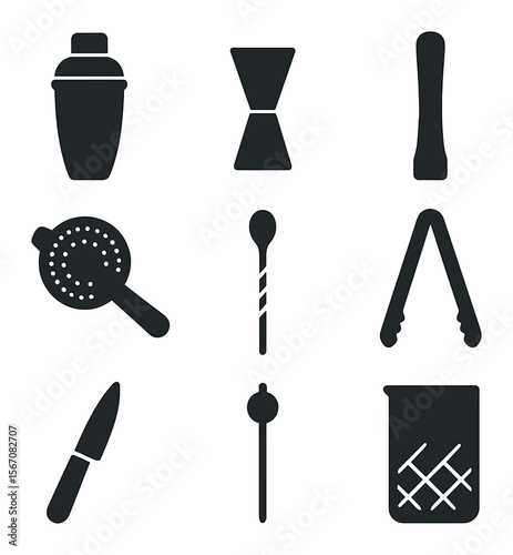 Bartender Tools Icons. Solid, filled icons set of bartender tools: shaker, jigger, muddler, strainer, bar