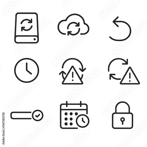 Data Sync Icon Set. Outline icon set of data backup and recovery sync: external drive with sync arrows, backup cloud icon, restore