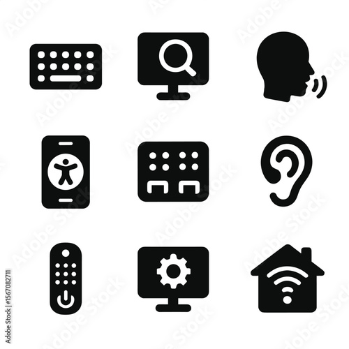 Inclusive Tech Icons. Solid, filled icon set of inclusive technology: adaptive keyboard, screen magnifier, voice control,