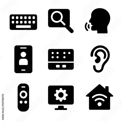 Inclusive Tech Icons. Solid, filled icon set of inclusive technology: adaptive keyboard, screen magnifier, voice control,