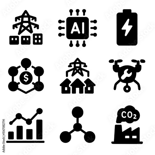 Future Tech Icons. Solid, filled icon set of future technologies: smart grid, AI control, battery innovation, energy blockchain,