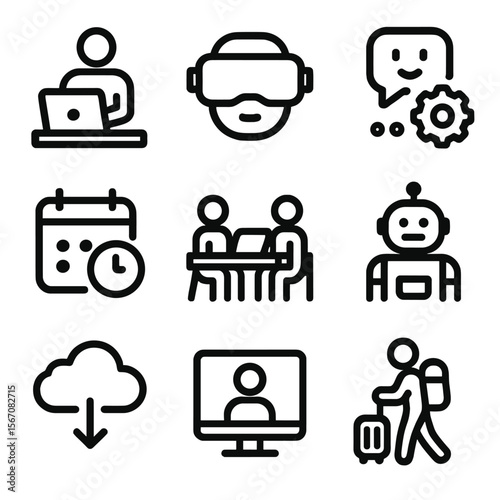 Future of Work Icons. Solid, filled icon set of future of work: remote work, virtual reality headset, AI assistant, flexible