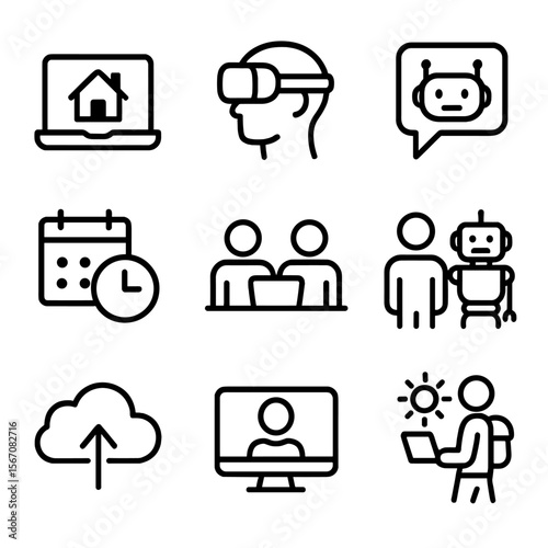 Future of Work Icons. Solid, filled icon set of future of work: remote work, virtual reality headset, AI assistant, flexible