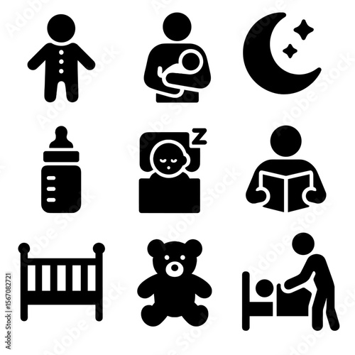 Father and Baby Routine. Solid, filled icon set of father and baby bedtime routine: baby in pajamas, father rocking baby, baby