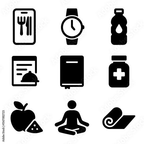 Fasting Tools Icons. Solid, filled icon set of fasting tools: fasting app, timer watch, water bottle, meal planner, journal,